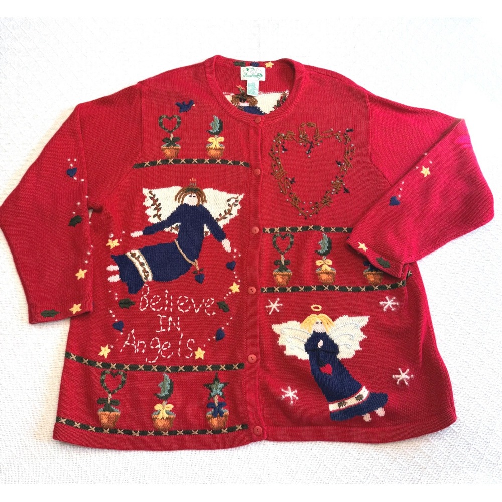 Quacker Factory Red Believe In Angels Embroidered Cardigan Sweater Womens 2X